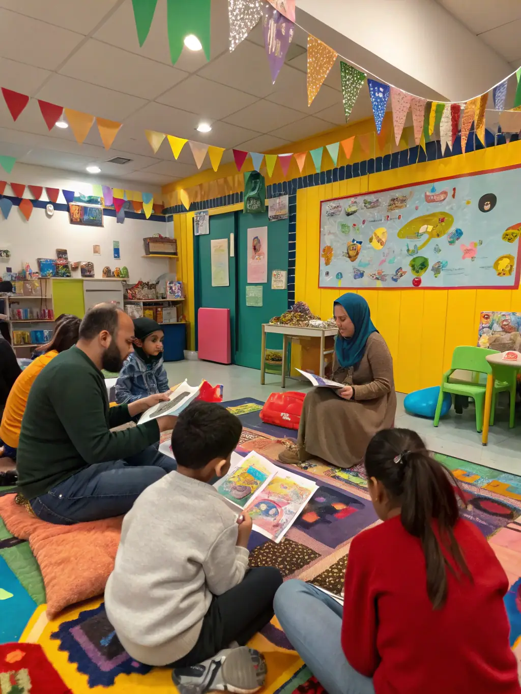 A vibrant image of parents and teachers engaging in a workshop during a community event, with children participating happily, representing the Family Engagement Programs of ASS PARENTS ELEVES ECOLES PUBLIQUES.
