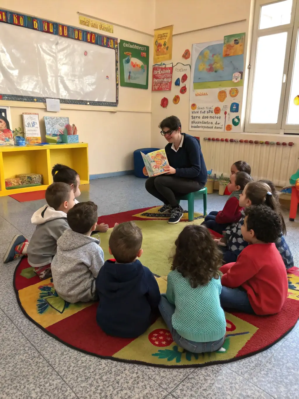 A group of parents and children participating in a family literacy workshop, focusing on reading and storytelling, set in a brightly lit classroom with educational materials visible.