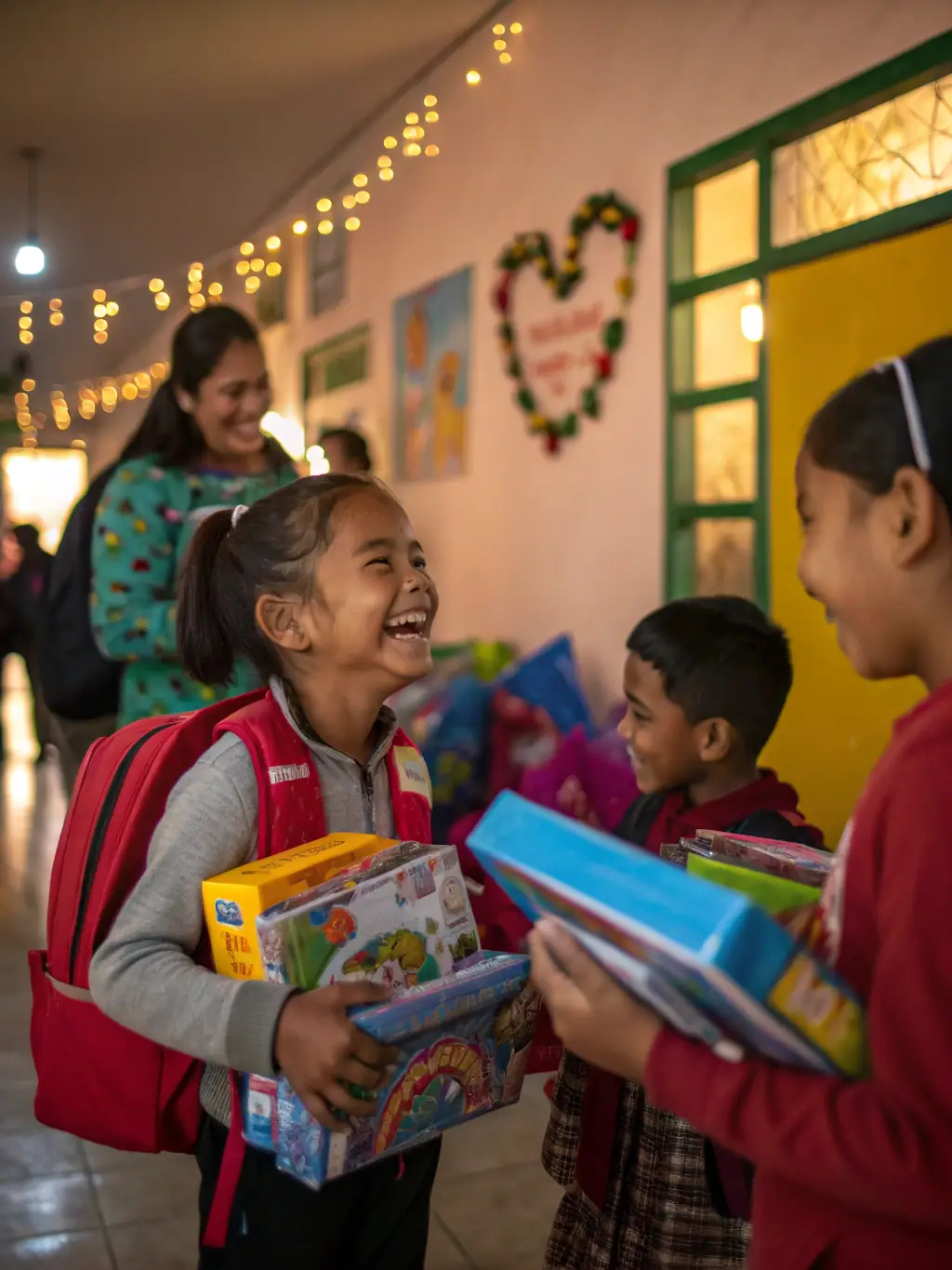 Volunteers distributing school supplies to children in a community center, with smiling faces and engaged families, illustrating the Community Support Initiatives of ASS PARENTS ELEVES ECOLES PUBLIQUES.
