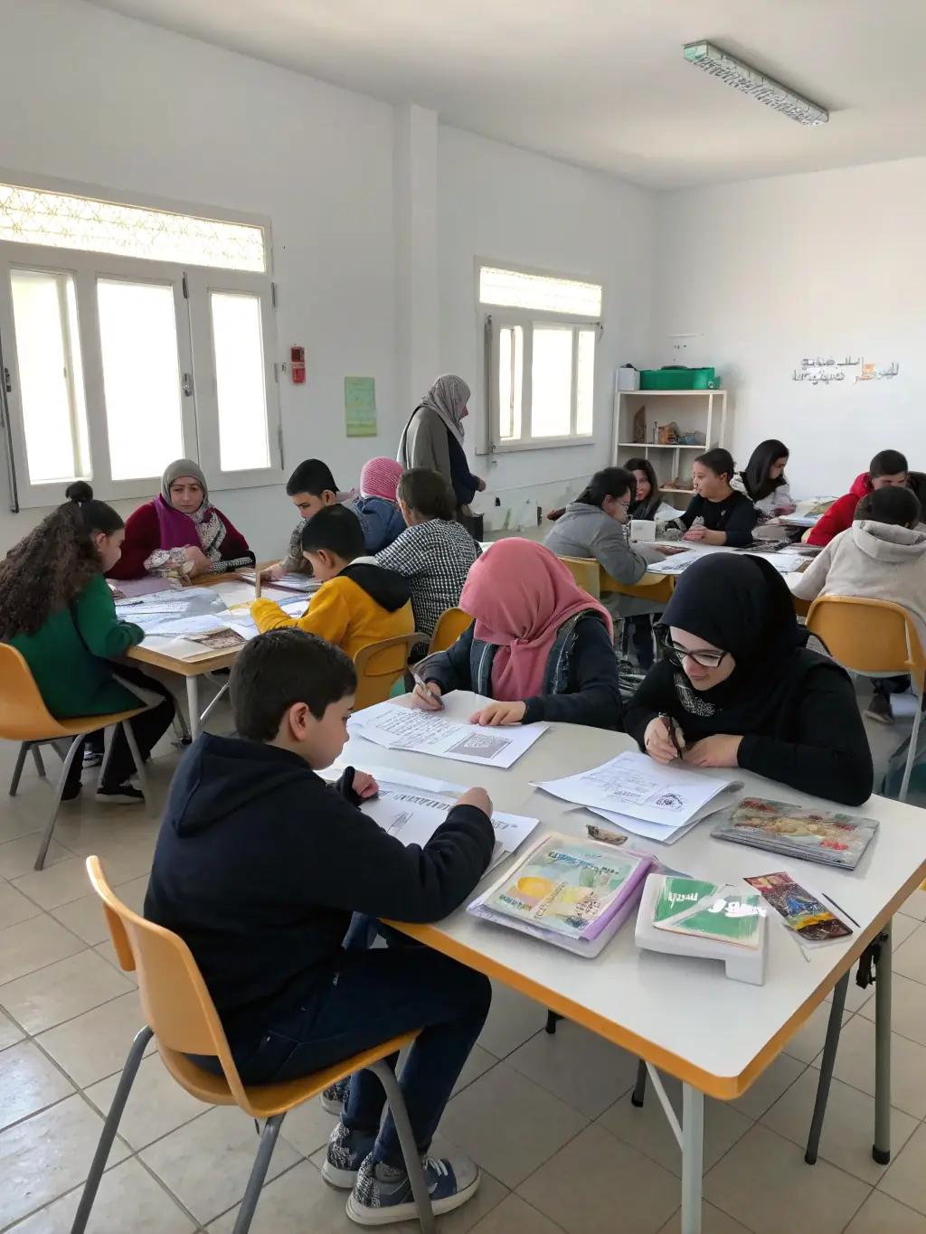 A vibrant photo of parents and teachers collaborating during a Family Engagement Program workshop, set in a brightly lit school classroom, showcasing active participation and positive interaction.