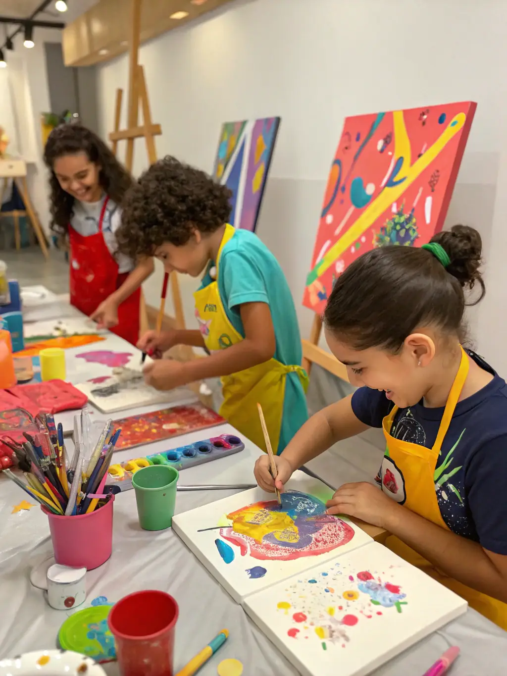 Children participating in a colorful art workshop, showcasing their creative projects with smiles and enthusiasm, reflecting the Educational and Cultural Activities of ASS PARENTS ELEVES ECOLES PUBLIQUES.